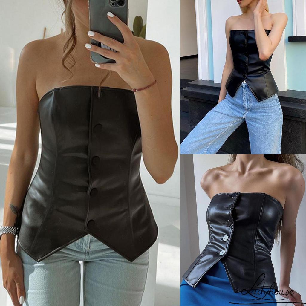Áo corset da PU không dây cài nút màu trơn thời trang quyến rũ cho nữ