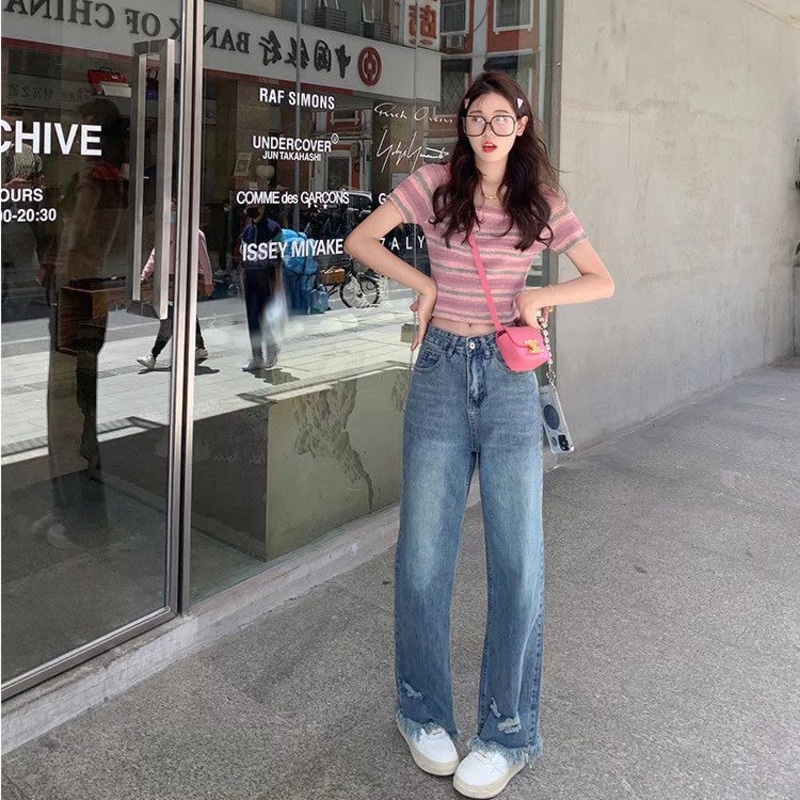 Quần Jean Ống Rộng Lưng Cao Thời Trang Mùa Hè Cho Nữ