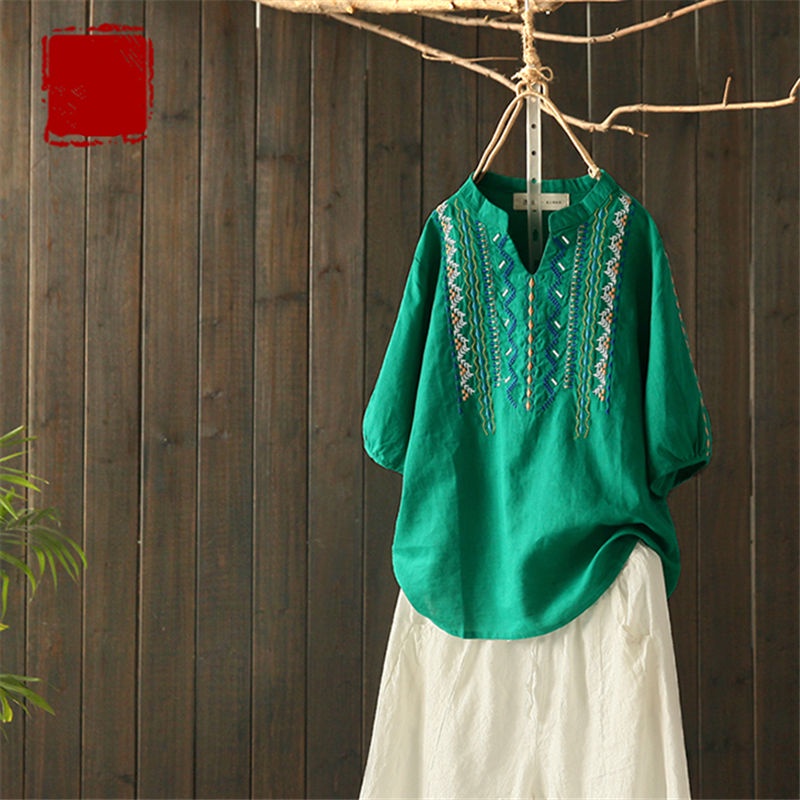 Áo Cotton Dáng Rộng Size Lớn Thêu Họa Tiết Thổ Cẩm Thời Trang Mùa Hè