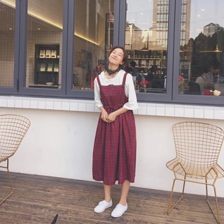 Váy yếm kẻ dài ulzzang