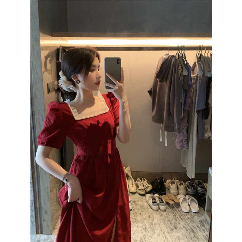Đầm Cổ Vuông Màu Đỏ Dáng Ôm Phong Cách Pháp Cổ Điển Thời Trang Mùa Hè 2022 Mới Cho Nữ