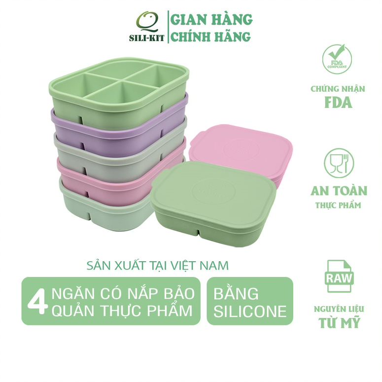 Khay silicone 4 ngăn SILIKIT cao cấp có nắp trữ đông, trữ đông đồ ăn, chia khẩu phần ăn