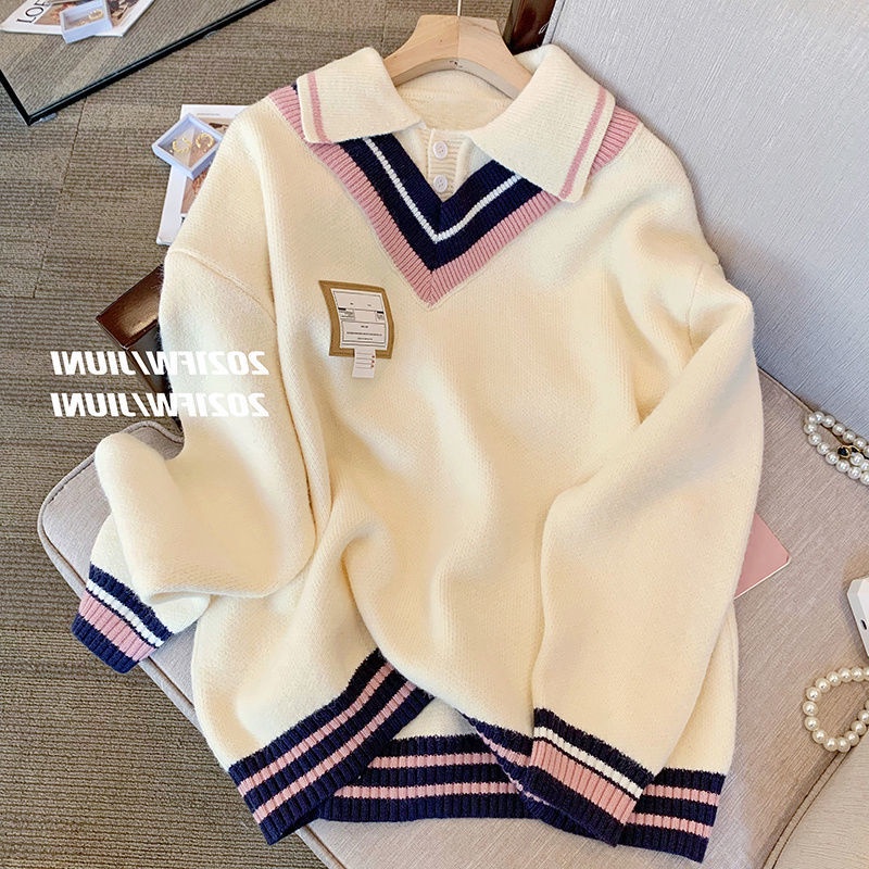 Áo Sweater Cổ polo Giả Hai Lớp Dáng Rộng Phong Cách Nhật Bản Thời Trang Mùa Xuân Mới 022