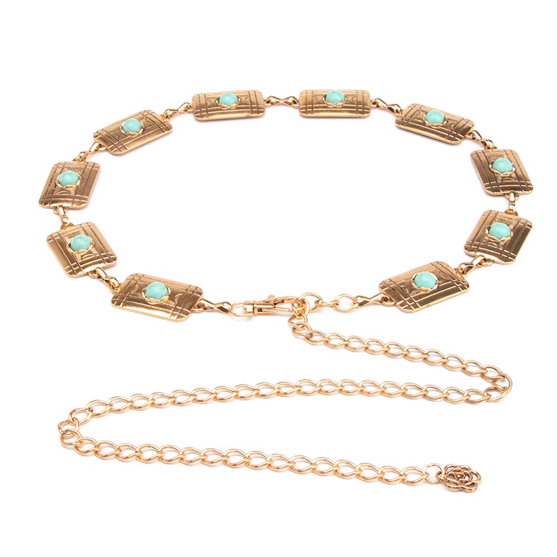 Thắt Lưng Dây Xích Họa Tiết Kim Loại Đính Đá Ngọc Lam Phong Cách Retro Thời Trang Cho Nữ