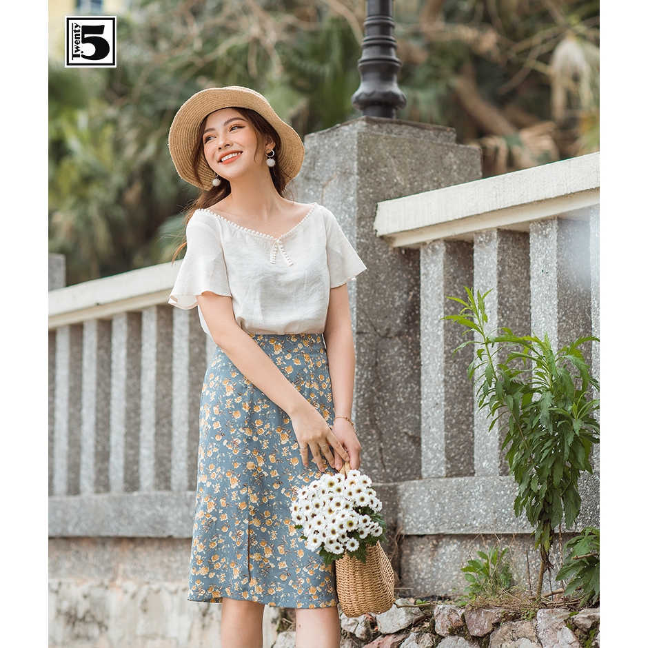Chân váy voan hoa nhí 2 lớp vintage dáng dài xẻ vạt Twentyfive L31