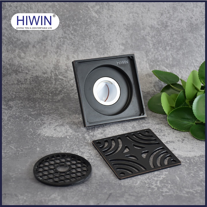 Phễu thoát sàn ngăn mùi hôi thoát nước nhanh đồng mạ đen kích thước 100x100mm HIWIN FD-1414B