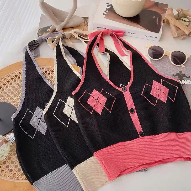 Áo Dệt Kim Sát Nách Dáng Ôm Sọc Ca Rô Màu Sắc Tương Phản Thời Trang Cho Nữ