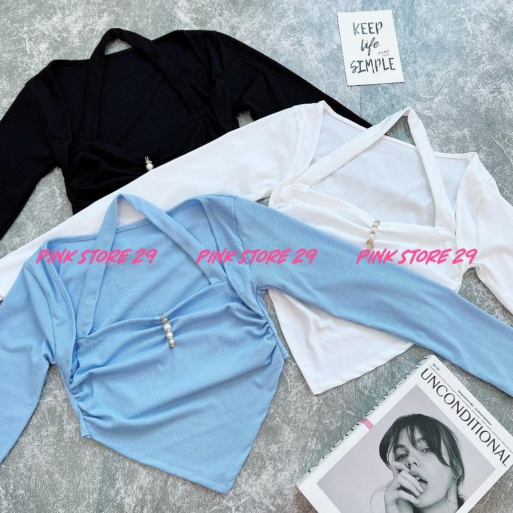 Áo croptop tay dài PINKSTORE29 vạt nhọn cổ hở quyến rũ A5493