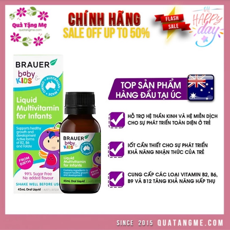 Vitamin Tổng Hợp Brauer Baby &amp; Kids Liquid Multivitamin For Infant cho trẻ sơ sinh 0-12 tháng tuổi (45ml)