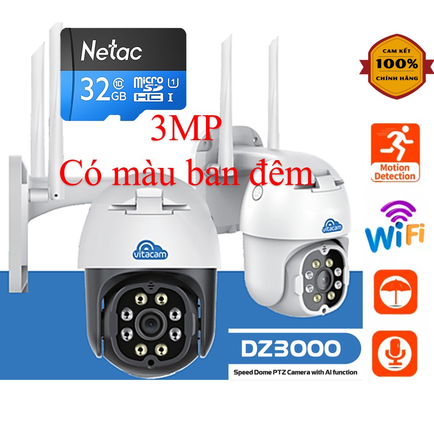 Camera 3MP Wifi Vitacam DZ3000 Ngoài trời, thẻ 32GB Đàm thoại, Chống Nước- Chính Hãng