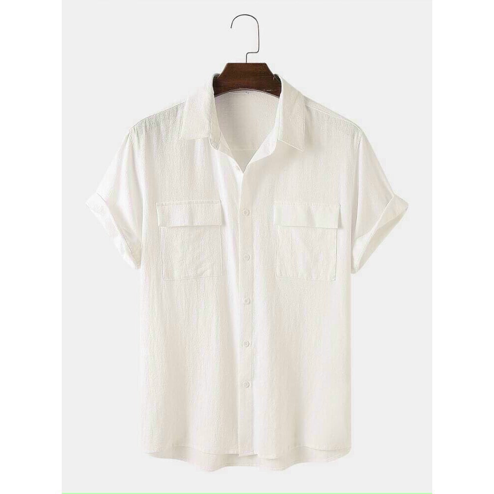 Áo sơ mi nam cổ bẻ chất vải đũi mặc hè thoáng mát có túi hộp