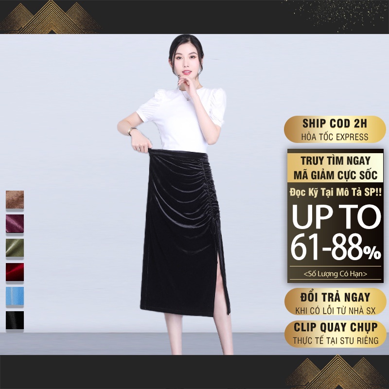 Chân váy chữ a dài jisilk bigsize nữ lưng cao công sở xẻ tà đen nâu tím Meedi N.CVD-01