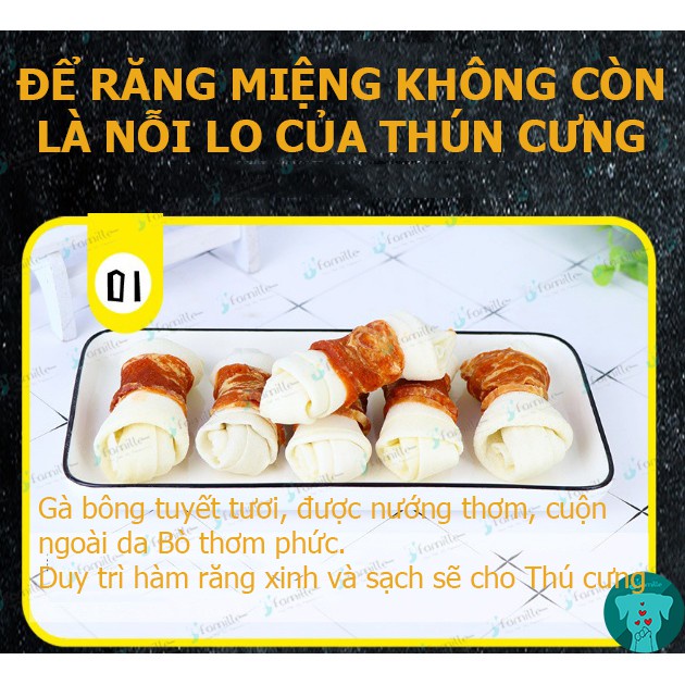 [GÀ NƯỚNG]Snack Sạch Răng Chó JFamille, Lát Gà Bông Tuyết Nướng Cuộn Xương Da Bò, Bổ Sung Canxi. Gói 100gr-JF84