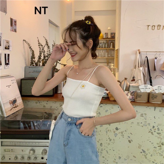 [FREESHIP ĐƠN TỪ 50K] Áo hai dây hoa cúc cánh trắng NTA0320