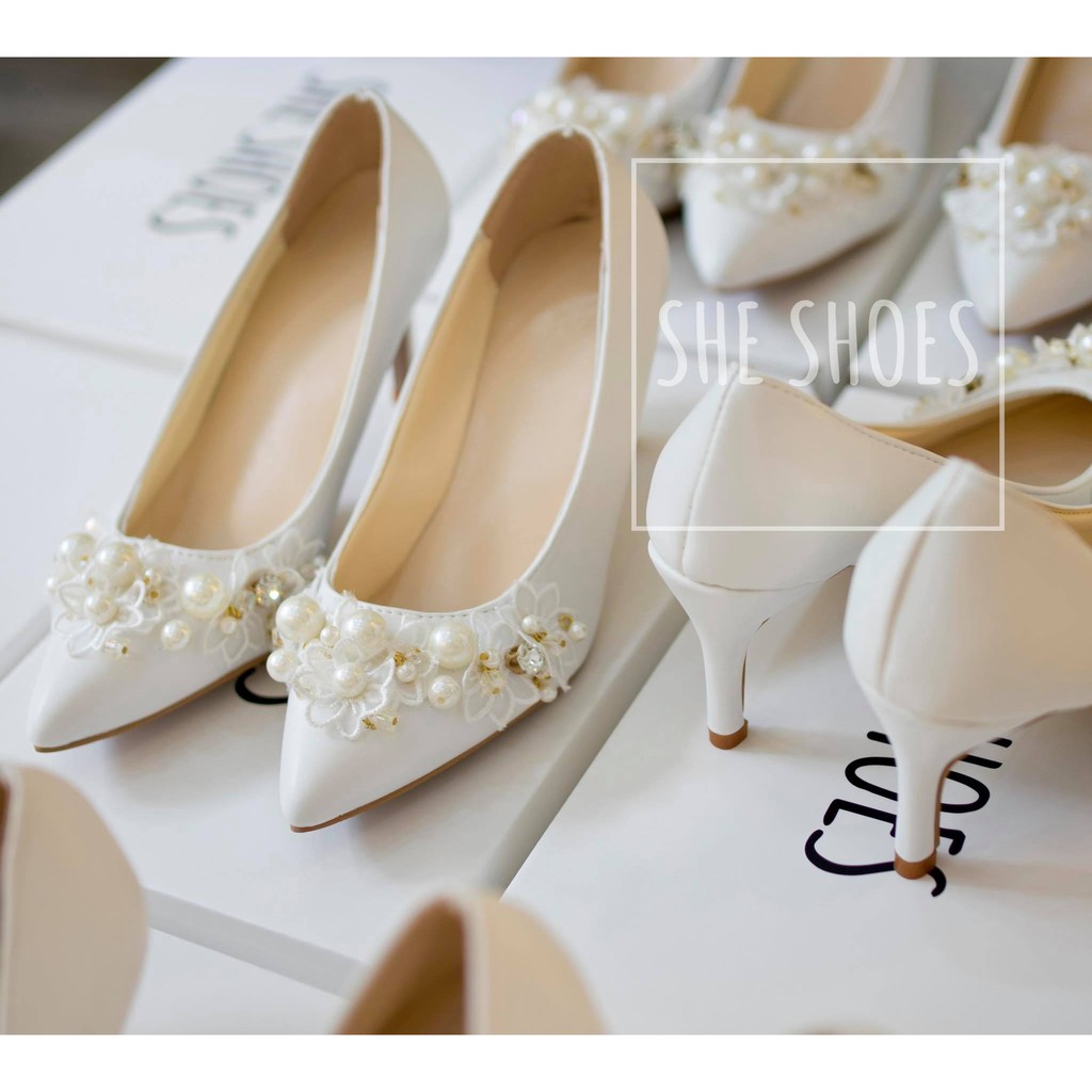 Giày màu trắng {FREESHIP} Giày cô dâu kết hoa vòng cao cấp SHE SHOES