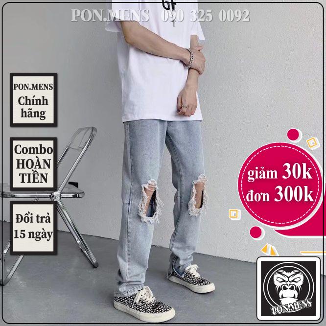 [sale xả kho] Quần jean ống suông nam khóa zip ống rách gối màu xanh nhạt đẹp mới hà nội hcm n114 Pon.mens
