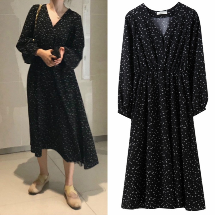 Xiaozhainv Đầm dài tay cổ V họa tiết thời trang phong cách Hàn Quốc xinh xắn | BigBuy360 - bigbuy360.vn