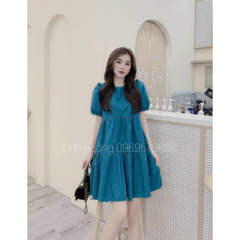 Váy bầu dáng suông tay bồng xanh mát mịn- Mjnha Style - Quần áo cho người có Thai