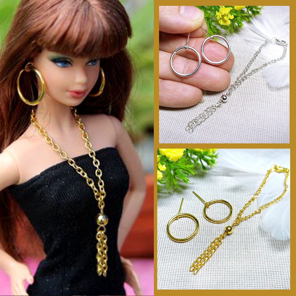 Bộ Trang Sức Búp Bê Barbie Handmade - Vòng cổ, Bông Tai Búp bê Khoen tròn Lớn Mạ Vàng, Bạc Phong cách