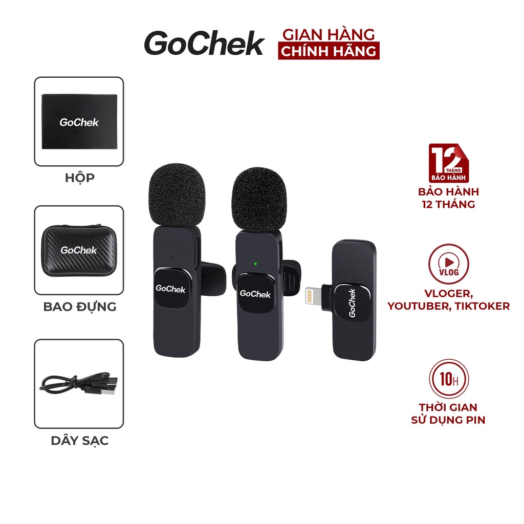 Bộ 2 Micro thu âm không dây GoChek cổng Lighning cho IP khử tiếng ồn phù hợp để phát trực tiếp/quay video/ghi âm GC-B02