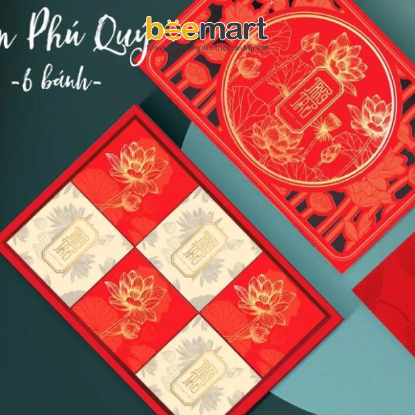 Bộ túi hộp trung thu Sen Phú Quý đỏ 6 bánh - Bộ túi hộp cao cấp nhà Beemart