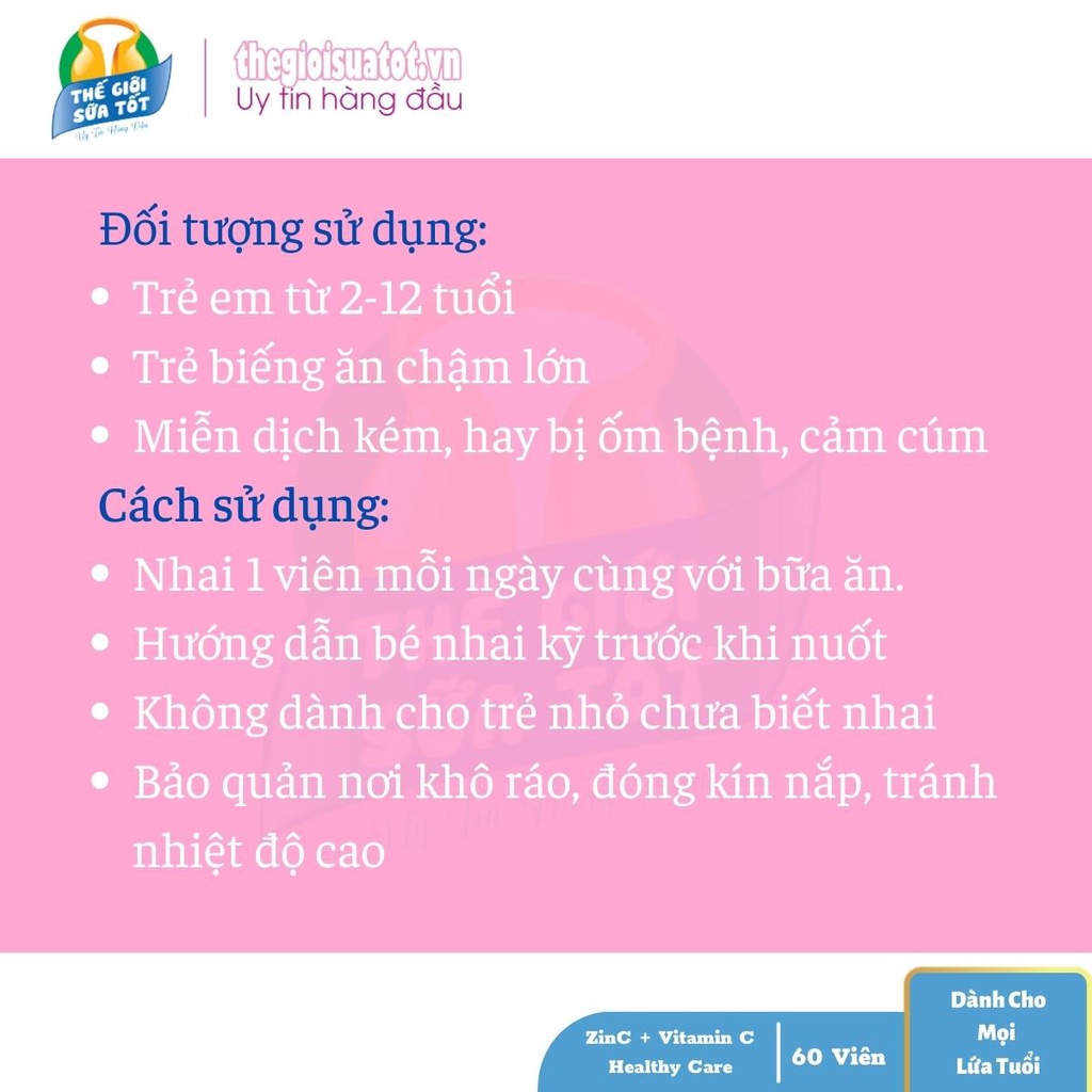 Viên Nhai Bổ Sung Kẽm ZinC + Vitamin C Healthy Care- Hộp 60 Viên Cho Bé thegioisuatot