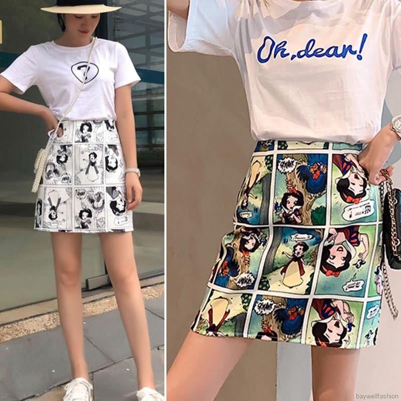 [Baywellfashion]Chân váy chữ A lưng cao hoạ tiết in phong cách Hàn Quốc