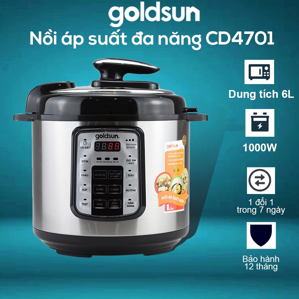 Nồi áp suất đa năng Goldsun 6L, Nồi hầm điện CD4701 - Nồi áp suất nấu cơm, hầm xương, hầm cháo - Bảo hành 12 tháng