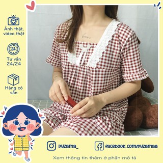 Bộ đồ ngủ pijama tay ngắn cổ nơ tiểu thư caro đỏ giá rẻ