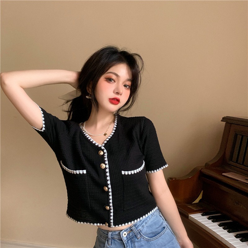 Áo Cardigan Dệt Kim Tay Ngắn Cổ Chữ V Dễ Phối Đồ