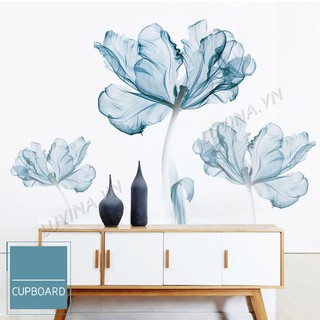 Decal dán tường chất liệu PVC loại 1, dán phòng khách, phòng ngủ, quán cafe-Hoa giấy xanh