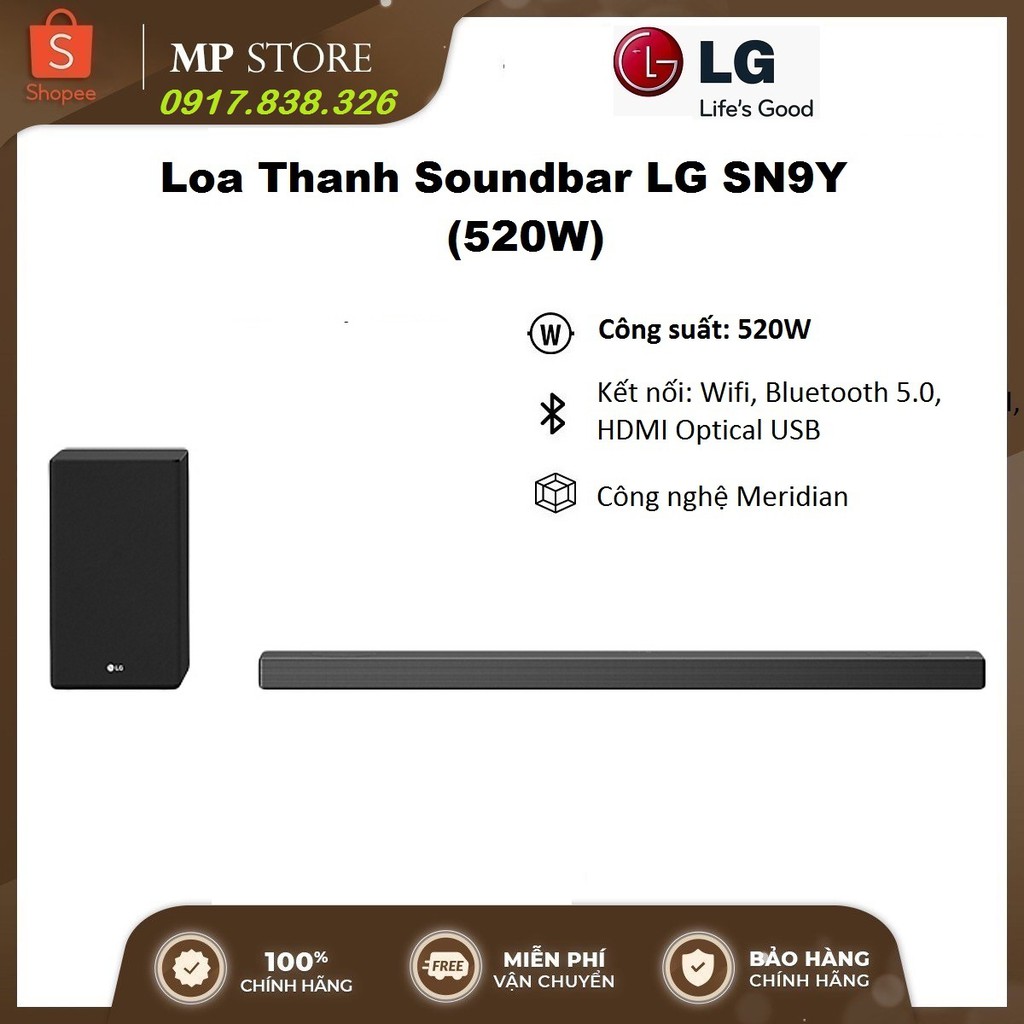 Loa Thanh Soundbar LG SN9Y  5.1.2 Ch, công suất 520W - Meridian