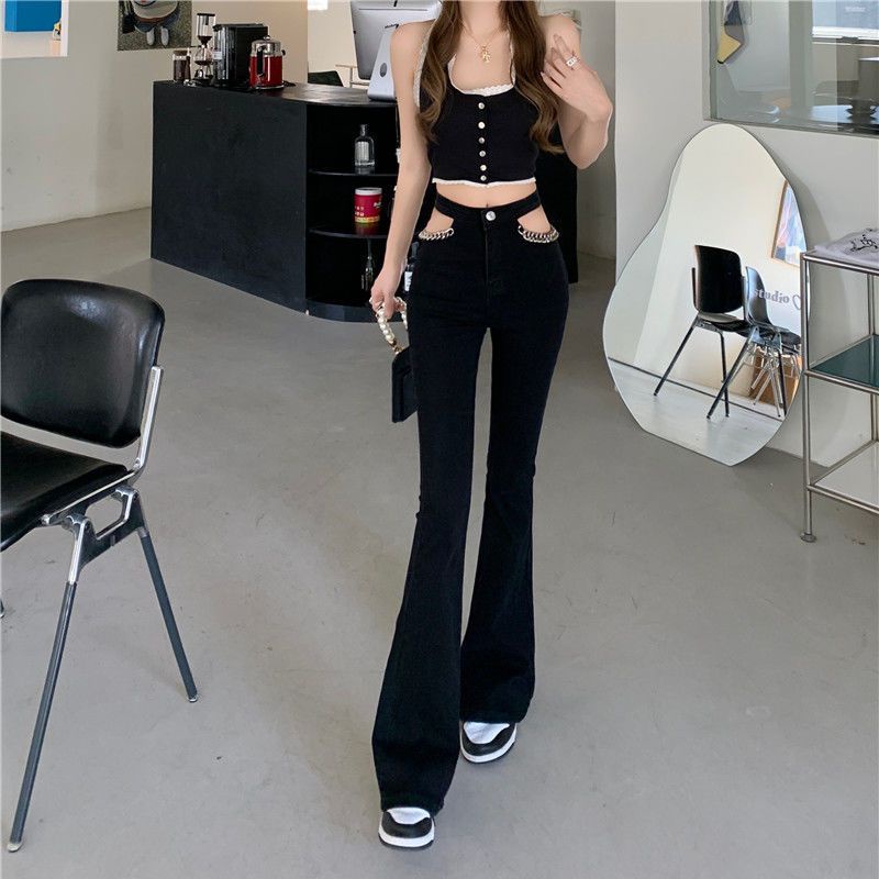 Quần Jeans Đen Lưng Cao Ống Loe Phối Dây Xích Thời Trang Cho Nữ