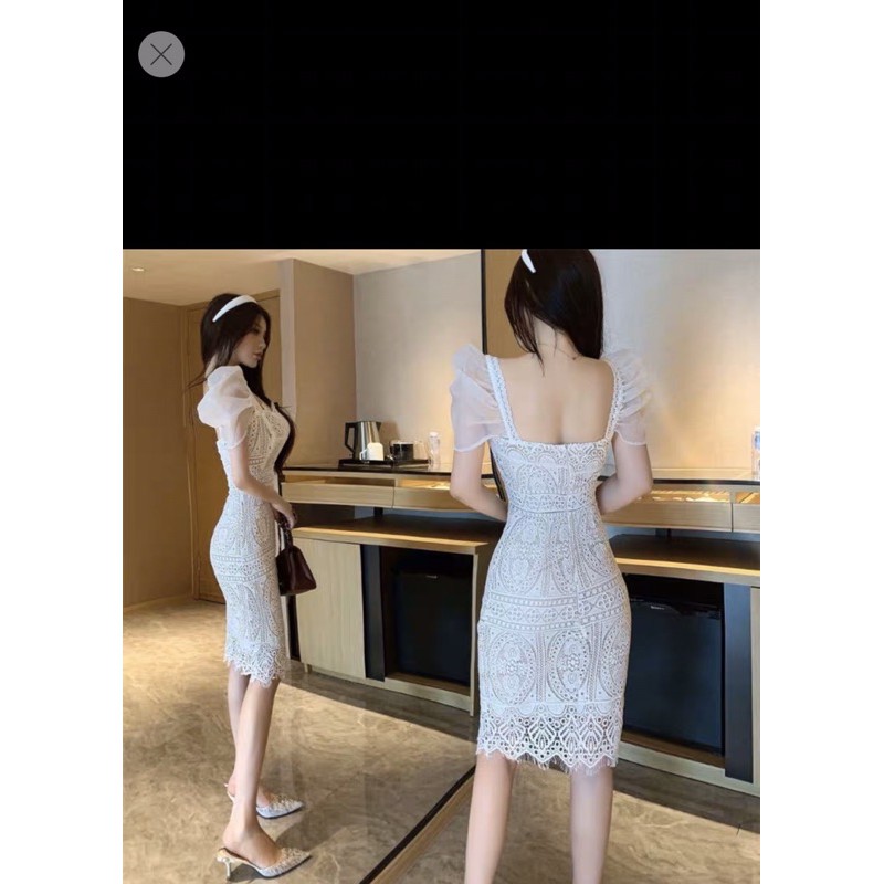 Đầm body ren tay phồng
