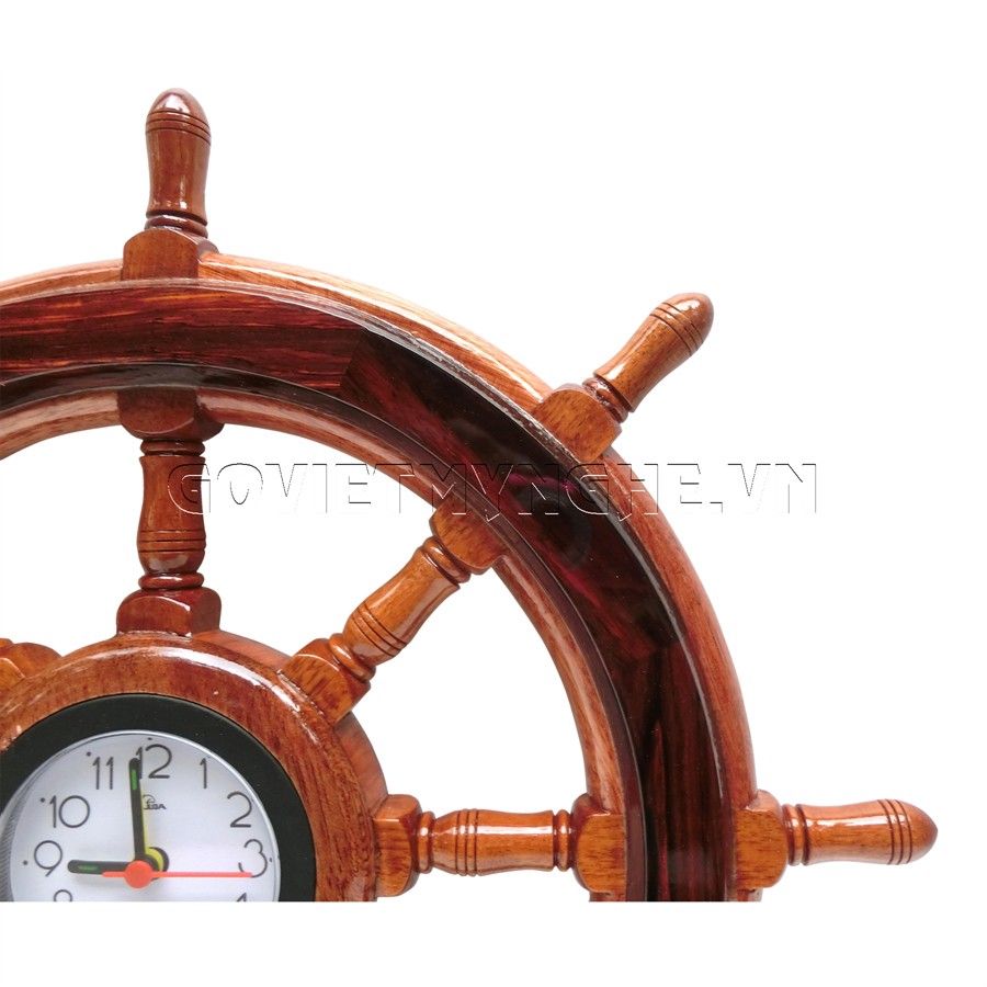 Mô hình bánh lái tàu gỗ trang trí treo tường - Vô lăng tàu gỗ trang trí Ø40cm - Gỗ căm xe tự nhiên - Có đồng hồ