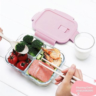 Hộp cơm thủy tinh chịu nhiệt 2 ngăn, dùng được trong lò viba, có 4 khóa đóng kín, van xả hơi- Tặng kèm thìa, đũa inox