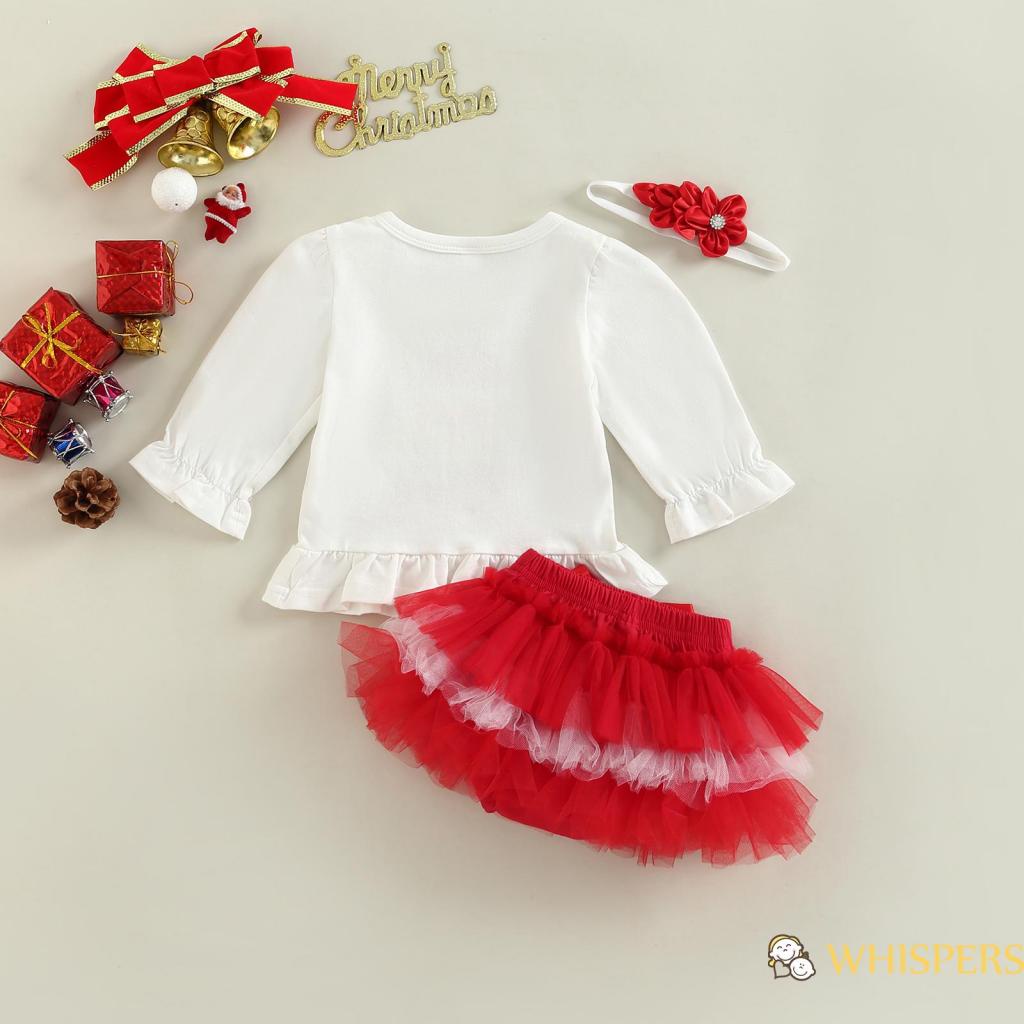 Set Áo Thun Tay Dài In Hình Ông Già Noel / Chữ Kèm Quần Short Và Băng Đô Phối Lưới Thời Trang Giáng Sinh Cho Bé Gái