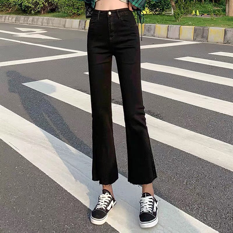 Quần bò ống loe lưng cao⚡𝑯𝒂̀𝒏𝒈 𝒄𝒂𝒐 𝒄𝒂̂́𝒑⚡ Quần jeans ống loe màu đen trơn co giãn  phong cách  Hàn Quốc | BigBuy360 - bigbuy360.vn