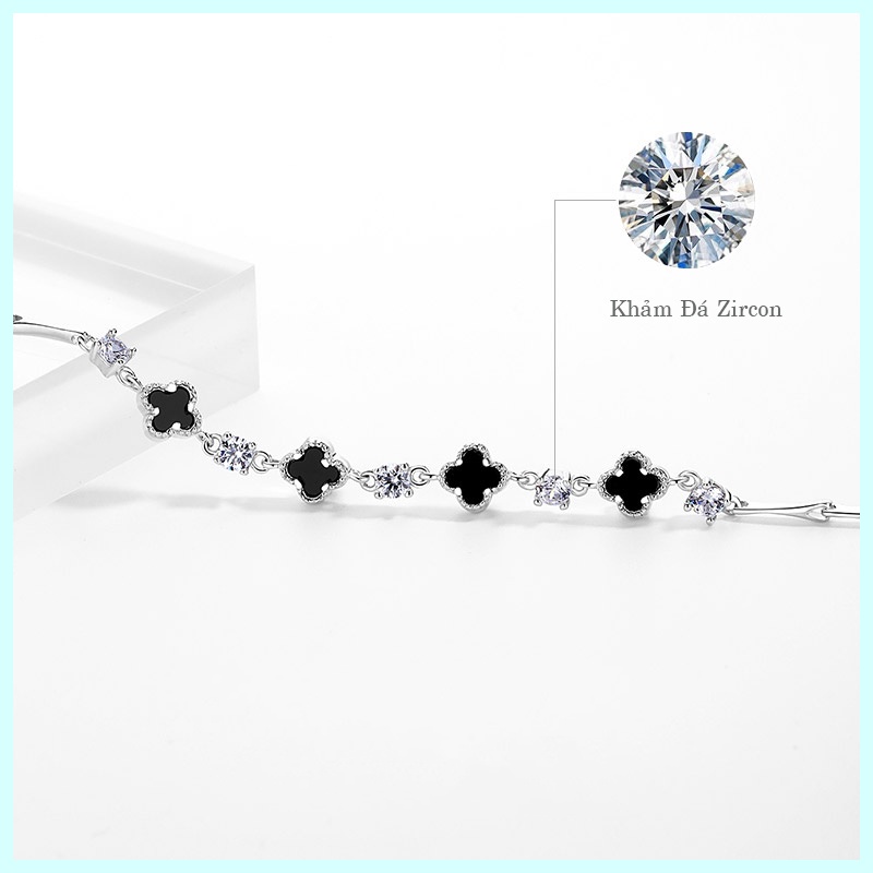 Lắc Tay Bạc Nữ hình Cỏ Bốn Lá Đính Đá Onyx  - Vòng Tay Bạc tự thiết kế M.Lady Jewel