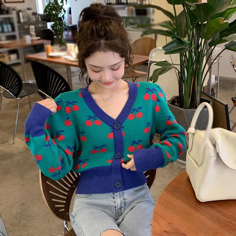 Áo len cổ chữ V tay dài in hình quả anh đào phong cách Hàn Quốc cổ điển cho nữ
