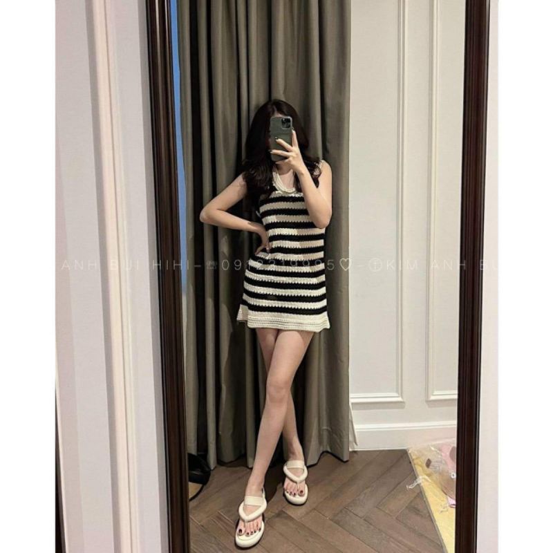 Váy len lỗ kẻ sát nách hàng QCL1