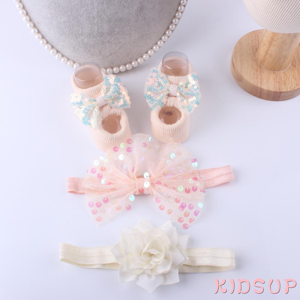 Set 3 Đôi Vớ + Băng Đô Nơ Cho Bé Gái Từ 0-12 Tháng Tuổi
