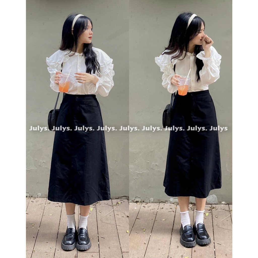 Chân váy kaki dài dáng A lưng chun sau