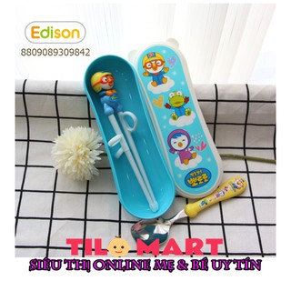 Set tập ăn 2 món (thìa, đũa nhựa xỏ ngón) Edison - hình Pororo, có hộp