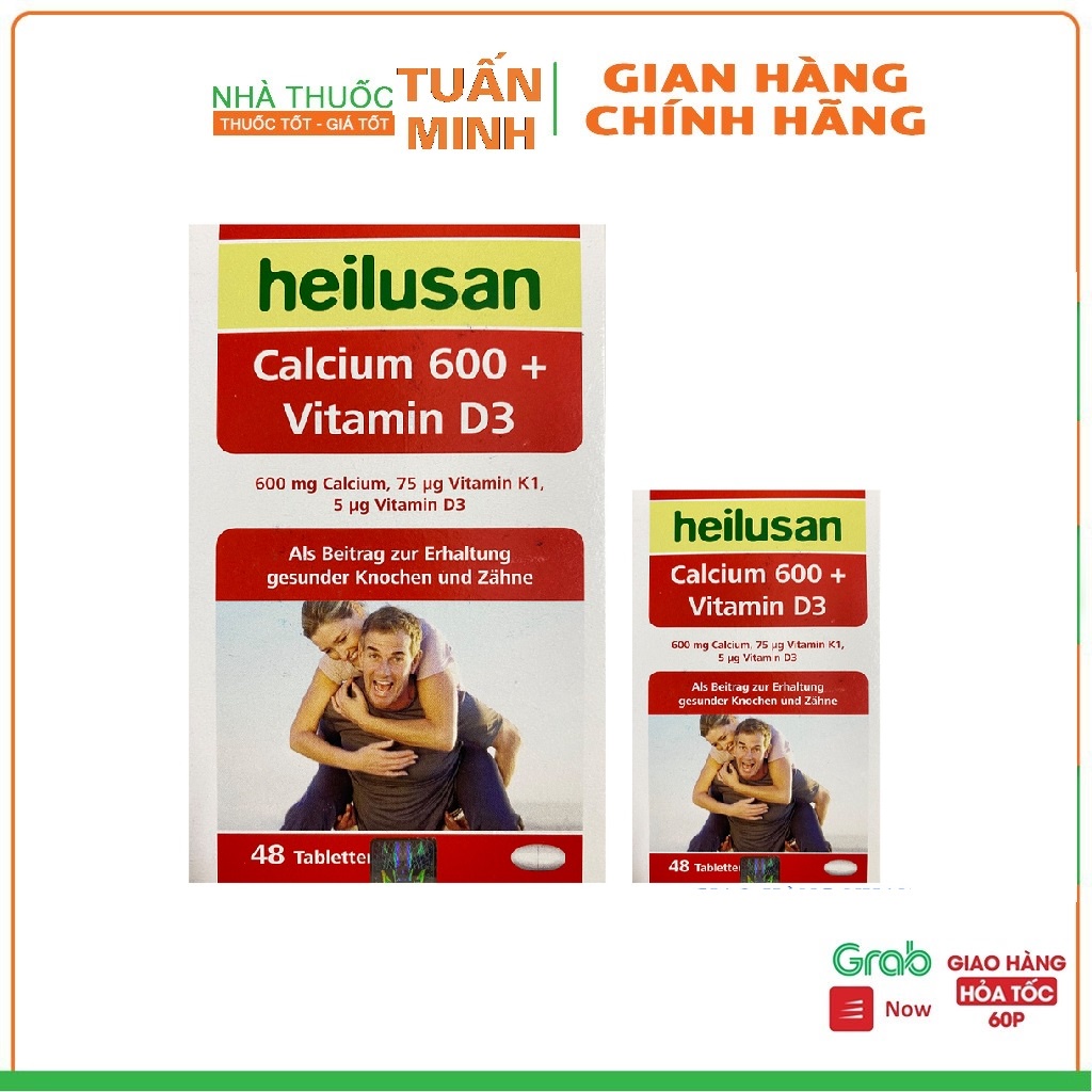 Heilusan Calcium 600 + Vitamin D3 Bổ sung và hỗ trợ hấp thu Calci giúp xương răng chắc khỏe Hộp 48 Viên