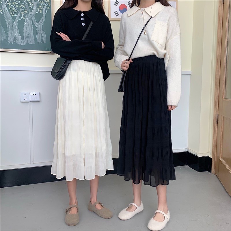 CHÂN VÁY MIDI TRƠN NHÚN  DÀI VOAN NHĂN DẬP LY XẾP LY DÁNG DÀI PHONG CÁCH HÀN QUỐC Chân váy dài 2 lớp voan mềm | BigBuy360 - bigbuy360.vn