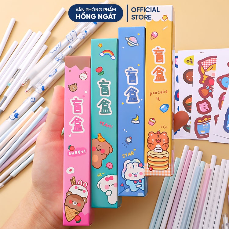 Bút gel đen cute dễ thương, bút bi nước đựng trong hộp tặng kèm sticker hình dán, đồ dùng học tập làm quà tặng B02