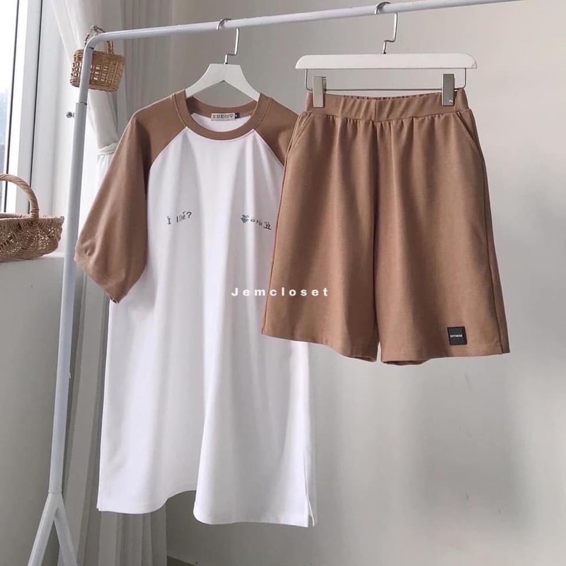 Set bộ đùi nam nữ phối tay chữ ngực Chất cotton su mềm mịn