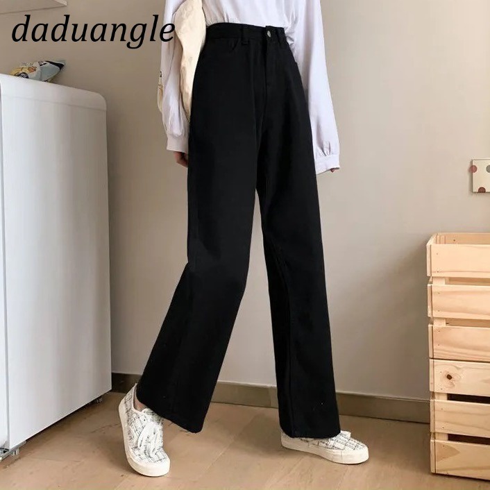 Quần jean đen Daduhey cạp cao dáng suông ống rộng mỏng xẻ tà phối nút thiết kế lỗ rách thời trang mới 2022 cho nữ