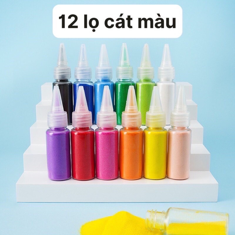 Hộp tranh cát 12 màu Sand Painting DIY kèm cọ và khay đựng cát, tranh cát một hộp 12 tranh 12 lọ cát màu kèm dụng cụ